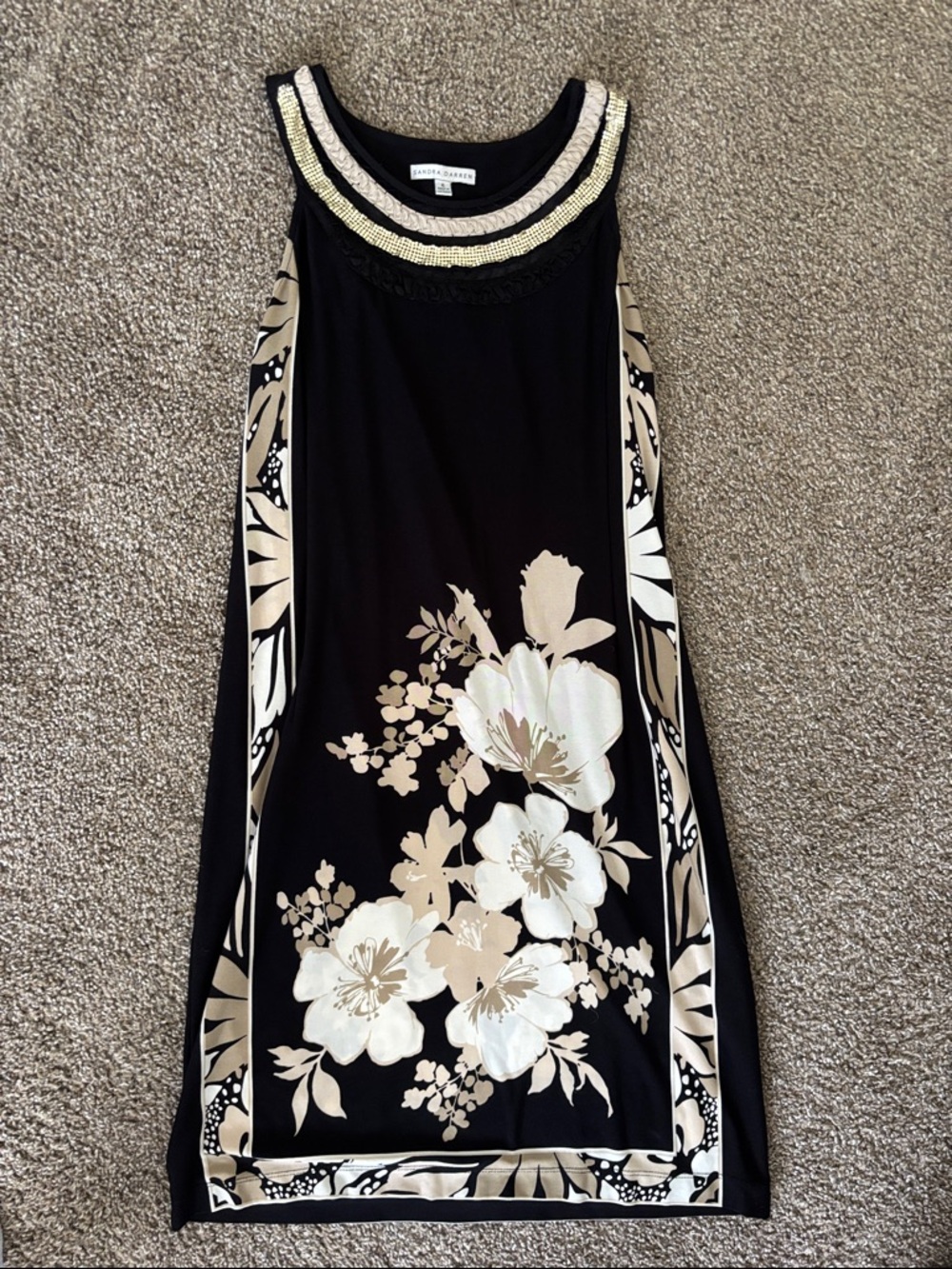 Sandra Darren Black Floral Beaded-Neck Mini Dress